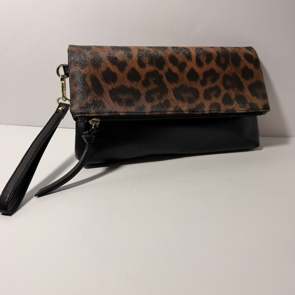 Convertible Leopard Fold Over Clutch Wristlet Pebbled Black Vegan Leather Pouch